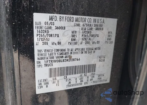 2003 Ford F-150 Lariat/Xlt z USA, uszkodzony, nr VIN 1FTRW08L83KD28764